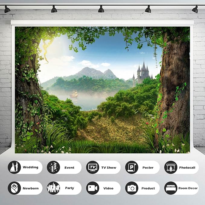 Fairy Tale Woodland Backdrop Castle Sailing Ship Enchanting Tale Photography Background Blue Sky Mystical Fantasy Forest Landscape Backdrops Portrait Booth Video Shoot Studio Props Vinyl 15x10ft