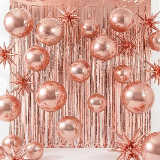 Seenelling 24 Pcs Rose Gold Party Decoration Sets 22'' 4d Ball Star Balloons Bright Metallic Tinsel Foil Fringe Curtains for 16th/18th/21st Birthday Graduation Bride to Be Bachelorette Bridal Shower