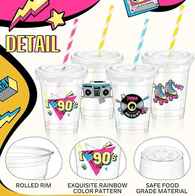 FoldTier 50 Pcs 90s Theme Party Decoration 90s Cups Disposable Plastic Cup 12 oz Go Back to Mug Thick Clear Mug with Lid Straw for Retro Music Supplies Dance Birthday Party