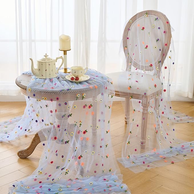 BINBE 12pcs Daisy Spring Table Runner Embroidery Gauze 10FT Florals Seasonal Tulle Holiday Birthday Kitchen Dining Table Decor for Home Party Blue