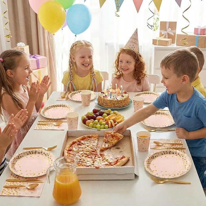 Goodlluck 350PCS Pink Gold Foil Polka Dot Disposable Party Tableware Set, 50 Guests | 9" & 7" Golden Dot Disposable Paper Plates, 9oz Cups, Napkins & Gold Cutlery for Birthday, Wedding & Baby Shower