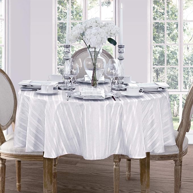 Newbridge 70 Inch Round White Fabric Tablecloth, Denley Satin Stripe, Heavy Weight No Iron Polyester Holiday Dining & Party Table Cover