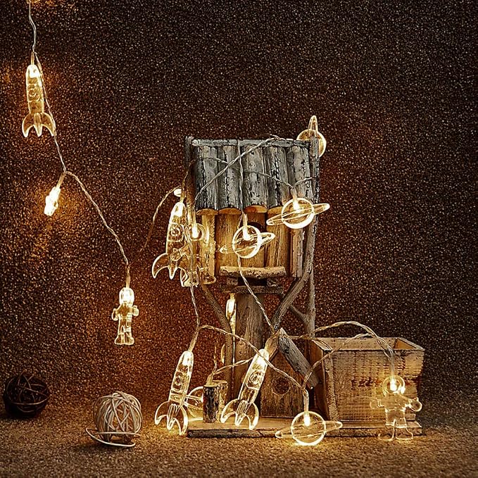 AceList 50 LED Children's Room LED String Light Astronaut Spaceship Rocket Pendants Holiday Party Lights Wall Window Nursery or Kids Room Decor Wedding Around The Party Christmas (Warm White)