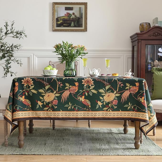 ISAENNE Designer Linen Green Rectangular Tablecloth,87"x55"-Mitchell | Vintage Elegant Table Cloth Rectangle Table,Floral and Bird Pattern,Heavy,Dining Room,Kitchen,Tea Party,Thanksgiving,Decor