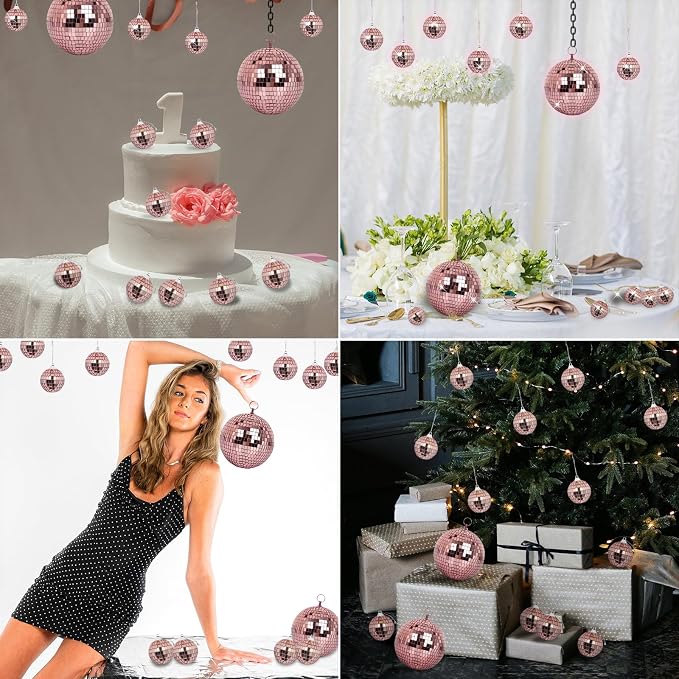 Mirror Balls, MUZTOP 14 Pack Disco Ball Ornaments Hanging Disco Mirror Ball for DJ Stage Club Wedding Holiday Home Party Decor, 6 Inch, 2 Inch (Rose Gold)