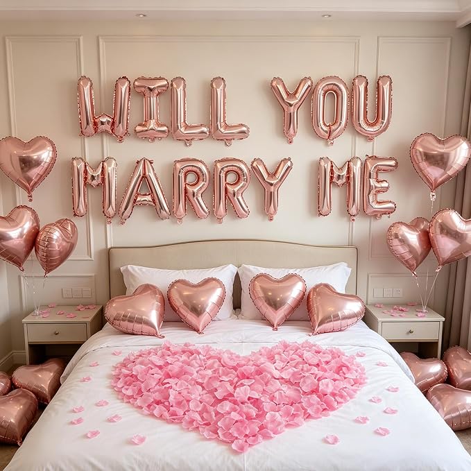 2 Set Rose Gold WILL YOU MARRY ME Balloons - 28pcs 16" Letter Balloons 10pcs 18" Heart Balloons 1200pcs Rose Gold Artificial Rose Petals Alphabet Foil Mylar Balloons for Valentines Day Decorations