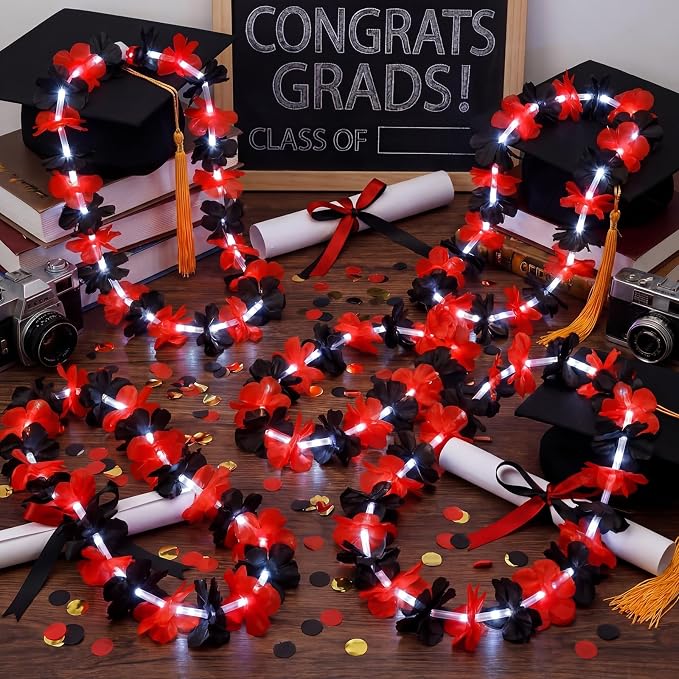 Sherr 48 Pcs Graduation LED Hawaiian Leis Class of 2026 Light Up Flower Leis Necklace with LED Lights Black Red Luau Flowers Necklaces for Graduation Party Decoration Supplies