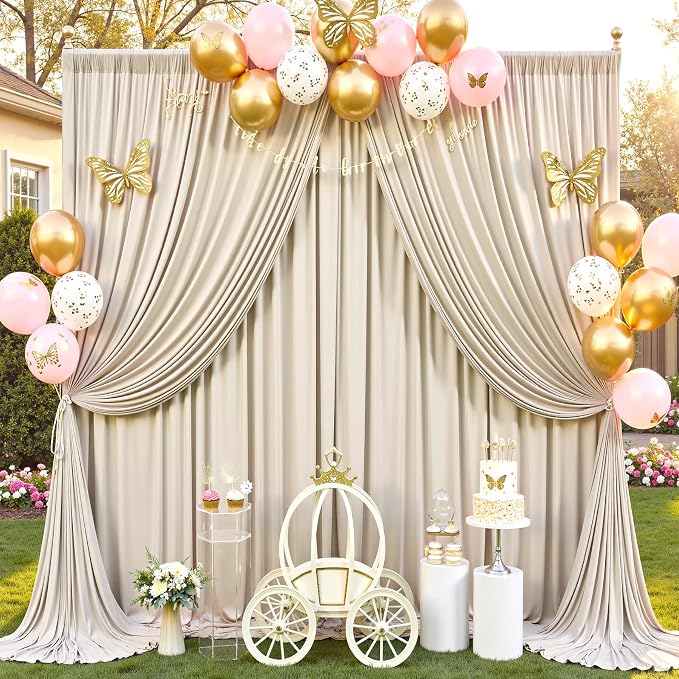 10ft×12ft Beige Backdrop Curtain for Wedding Parties, 2 Panels Wrinkle Free Polyester Photo Backdrop Drapes Back Drop Cloth for Birthday Photography Background