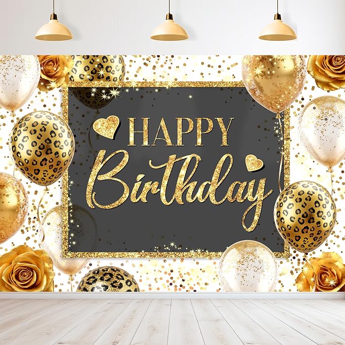 Happy Birthday Backdrop 7Wx5H Feet Polyester Fabric Gold Leopard Balloon Love Heart Rose Elegant Flower Confetti Decoration Girly Gold Glitter Photography Background Photo Shoot Props