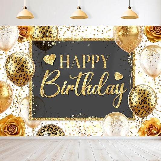 Happy Birthday Backdrop 7Wx5H Feet Polyester Fabric Gold Leopard Balloon Love Heart Rose Elegant Flower Confetti Decoration Girly Gold Glitter Photography Background Photo Shoot Props