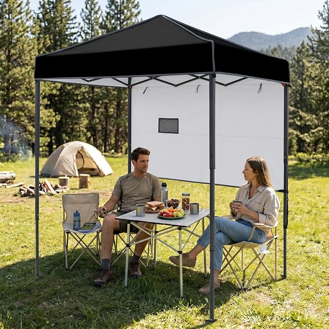 EAGLE PEAK 6x4 Instant Pop Up Canopy Tent with 1 Half Wall Panel, Straight Leg Sun Shelter, Portable Canopy with Carry Bag for Camping, Beach & Sports, Black