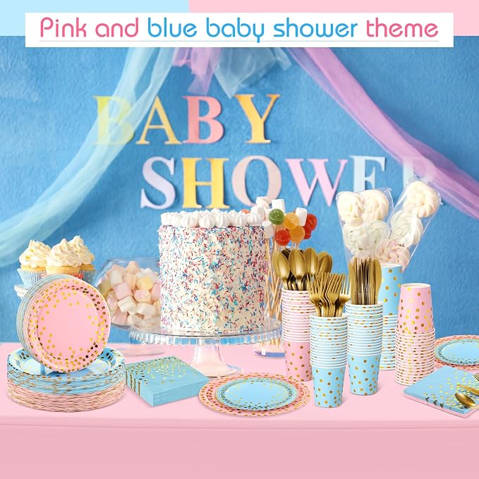 Tegeme Gender Reveal Party Supplies Pink and Blue Gold Dot Paper Plates Napkins and Tablecloths Set with Cups Forks Knives Spoons 256 Pcs Tableware for 36 Guest Baby Shower Birthday Party Decoration