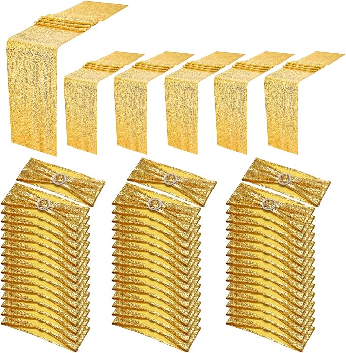 54 Pieces of Gold Sequin Chair Ribbons and Table Runners, 48 Sequin Chair Bows, 6 Glitter Table Runners, Suitable for Wedding Parties Birthday Meeting Events Decorations (Gold)