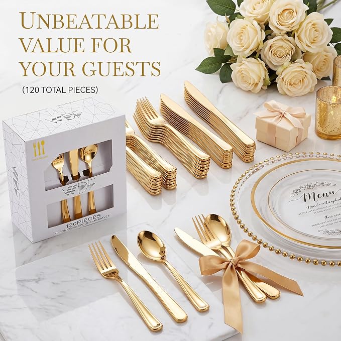 WDF 120 Pieces Gold Plastic Silverware - Disposable Flatware Set - Heavy Duty Plastic Cutlery - Silverware Includes 40 Forks, 40 Spoons, 40 Knives for Party Birthday Baby Shower Wedding Spring