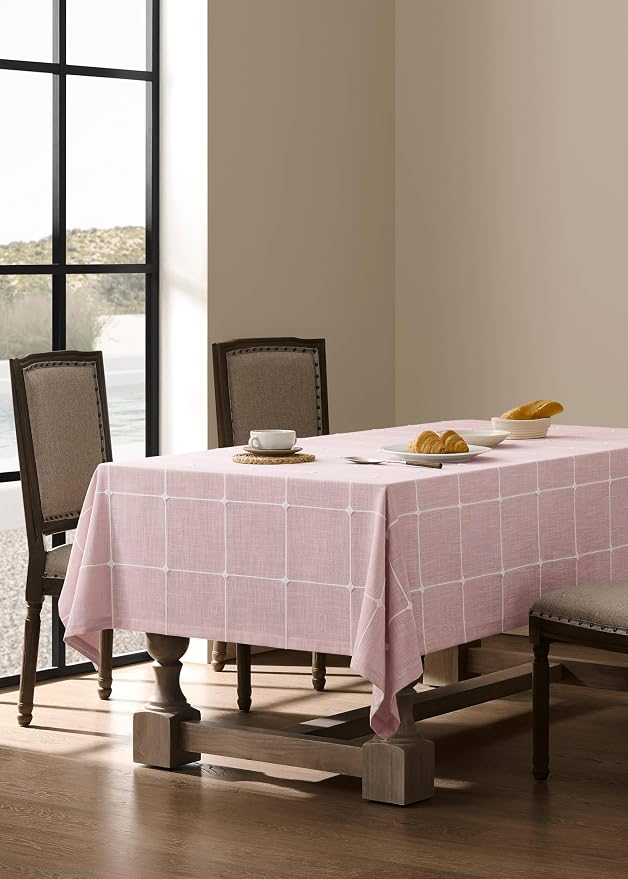 ZeeMart Grid Embroidered Hemmed Tablecloths, Pink 60x84 Inch, Farmhouse Style Heavy Weight Cotton Linen Pink Tablecloths, Boho Plaid Water Resistant Rectangle Table Cloth