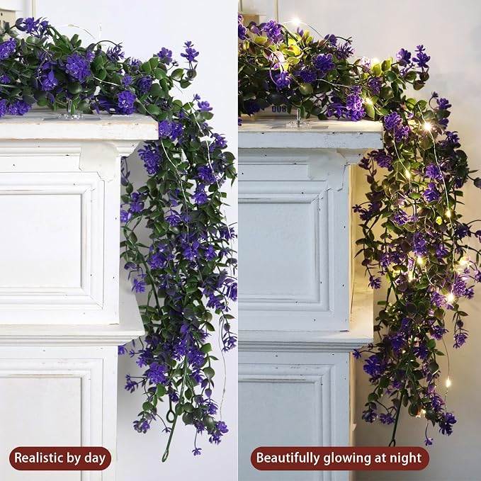 RECUTMS Faux Lighted Mantle Garland Artificial Hanging Greenery Fake Hanging Eucalyptus Leaves Vine with Lights Swag Garland for Indoor Outdoor Wall Party Mantel Wedding Table Arch Decor(Purple)