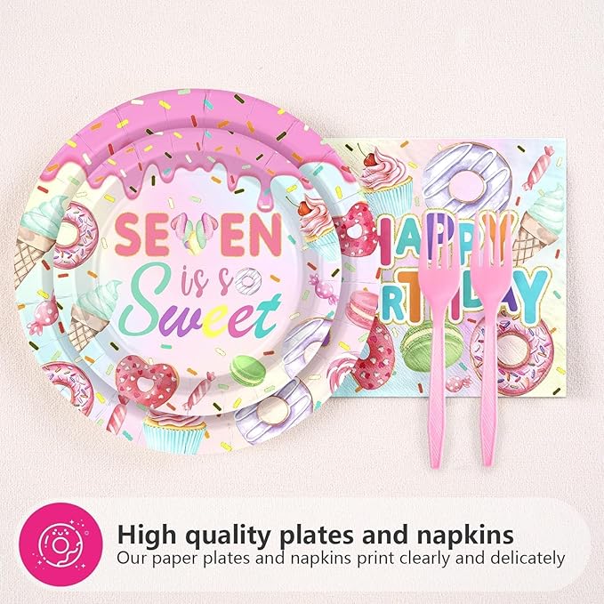 Grencian 96 Pcs Sweet Sassy and 7 Birthday Decorations Donut 7th Birthday Party Decorations for Girls Colorful Donut Plates and Napkins 7 Years Old Disposable Party Supplies Serves 24