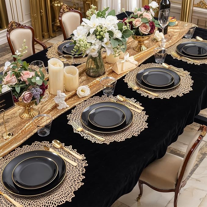 WDF 300PCS Black and Gold Plates - Black Plastic Plates for Party - 50 Guest Disposable Dinnerware Sets for Party/Wedding/Graduation/Memorial Day
