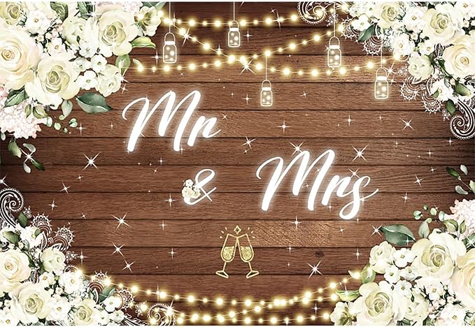 8x6ft Mr and Mrs Floral Backdrop for Bridal Shower White Flowers Photography Background Couple Wedding Party Decorations Bride Engagement Banner Props