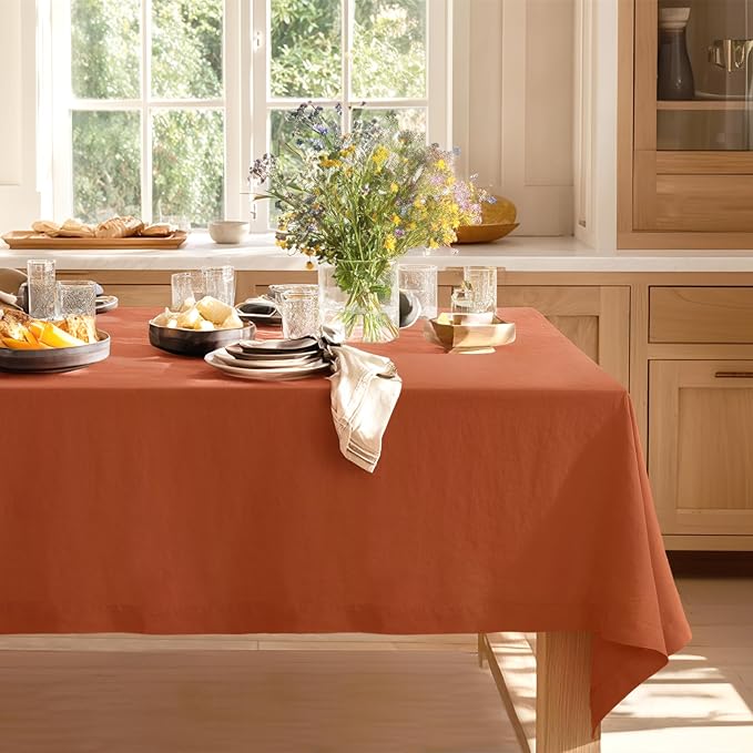 Linen World Fall Linen Tablecloth 90" x 60" Inch,French Linen Washable Rectangular Table Cloth for Dining,Outdoor,Weddings and Restaurants,Decorative Thanksgiving Christmas,Burnt Orange