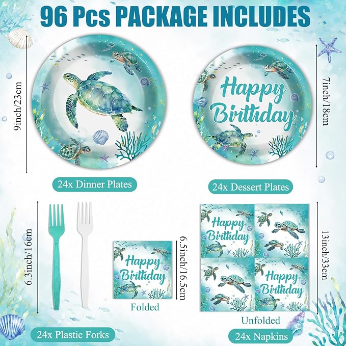 96Pcs Ocean Turtle Birthday Party Decorations Ocean Sea Party Tableware Turtles Paper Disposable Plates Napkins Under the Sea Animal Supplies for Pool Beach Underwater Birthday Decor Serves 24 Guests