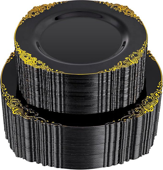 102PCS Black and Gold Plastic Plates - Black Disposable Plates - Heavyweight Disposable Plate with Gold Rim - Fancy Dinner & Dessert Plate for 51 Guests Weddings & Party