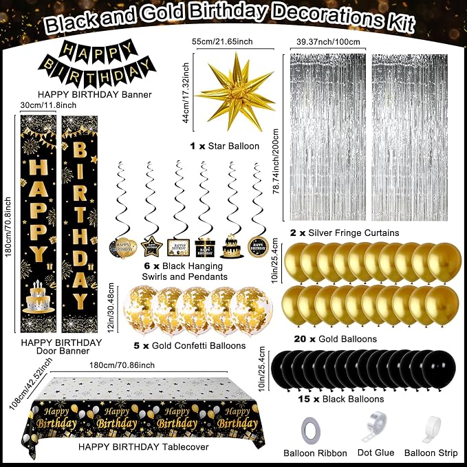 Black and Gold Birthday Decorations for Men Women, Happy Birthday Decorations Gold and Black Party Decoration Kit, Happy Birthday Banner Balloons Tablecover Fringe Curtain Swirls, Mens Man Bday Decor