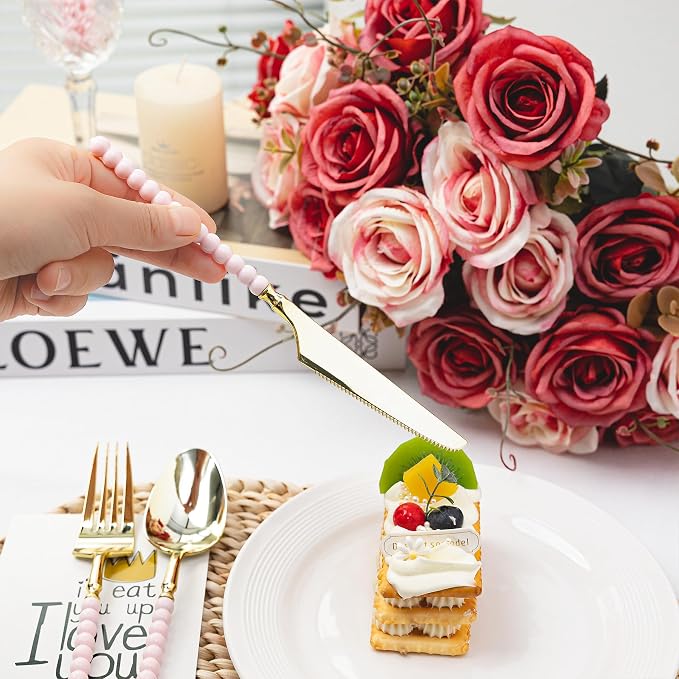 150 Pcs Gold Plastic Silverware,Gold Plastic Utensils with Pink Beads Handle,Fancy Disposable Cutlery Set Include 50 Forks 50 Knives 50 Spoons for Party & Wedding