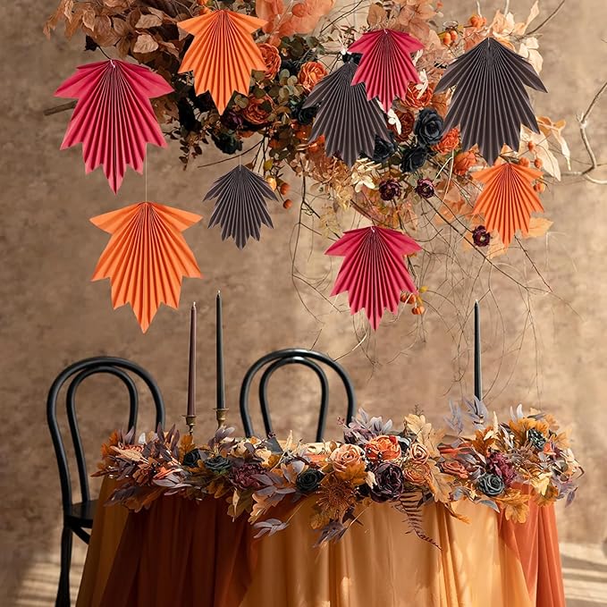 SUNBEAUTY Fall Party Decorations Maple Leaves Paper Fans Hanging Paper Fans Classroom Decoration for Autumn Thanksgiving Birthday Baby Shower Rustic Wedding, Set of 9