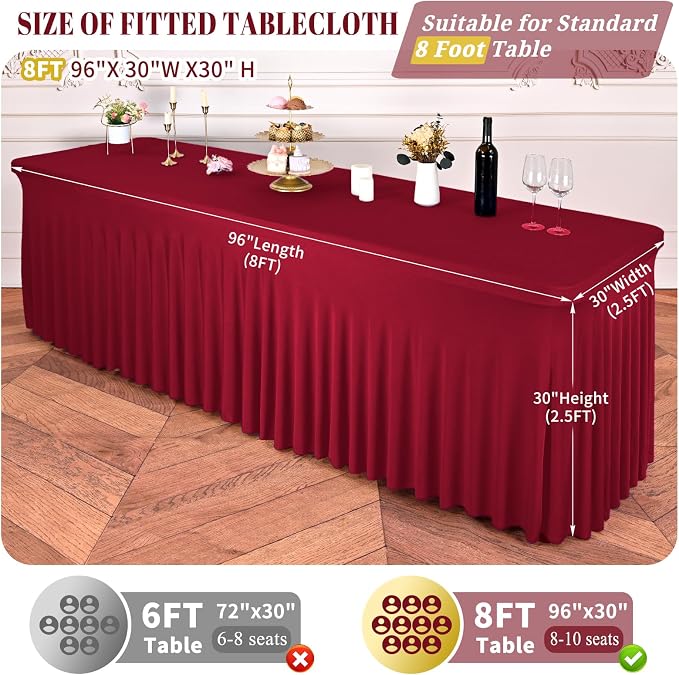 fani 2 Packs Burgundy Stretch Table Skirts for 8 Foot Rectangle Table, Washable Spandex Stretch Tablecloths with Skirt, Wrinkle Resistant Fitted Tablecover for Wedding Party Banquet