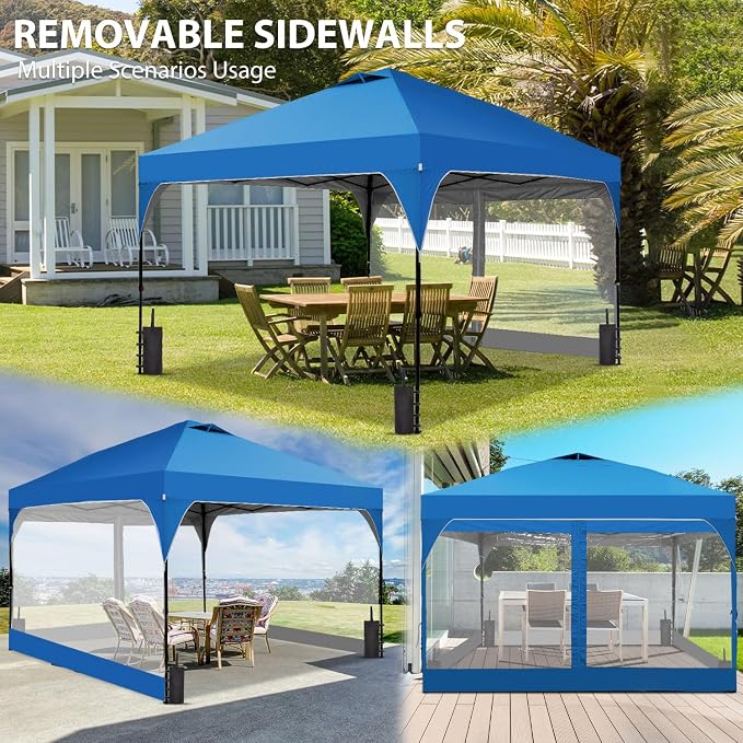 10x10FT Canopy Tent, 1-Button Push Instant Pop Up Canopy with 4 Sandbags, Easy Setup Outdoor Gazebo Shelter (Blue, 10x10 with PVC Sidewalls)
