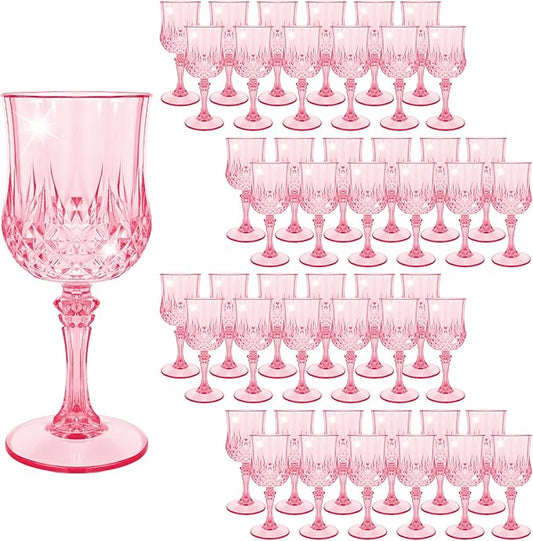 48 Pack Pink Plastic Wine Glasses, 7.5oz Vintage Plastic Goblets, Reusable Retro Embossed Water Glasses, Durable and Sturdy Wine Glass for Wedding Reception Grand Event Party Bar Juice Supplies