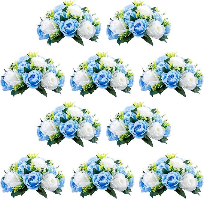 NUPTIO Flower Balls for Wedding Table Centerpieces, Blue & White Fake Rose | 10 Pcs Artificial Silk Floral Bouquet Arrangements, for Birthday Party, Baby Shower, Quinceanera, Housewarming Decorations
