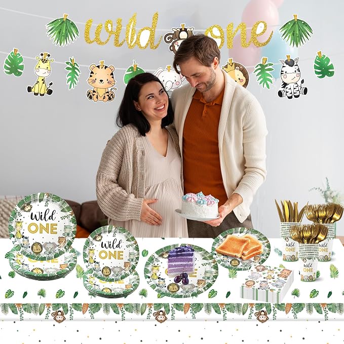 Wild One Birthday Decorations,182pcs Jungle Safari Theme Party Supplies,Includes Plates Napkins Cutlery Tablecloth and Banner,for Baby Shower or Boys 1st Birthday Party,Serve 30 Guests