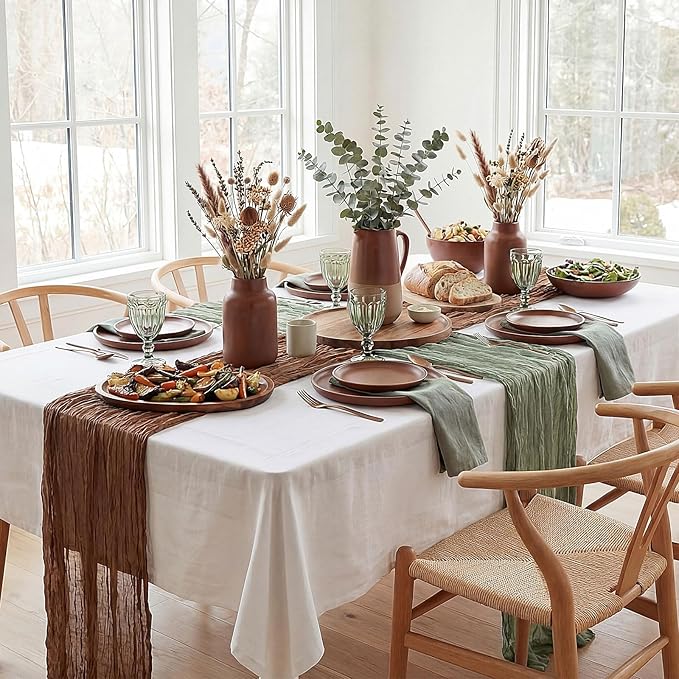 8 Pcs Sage Green and Brown Cheesecloth Table Runner Boho Gauze Cheese Cloth Runner 118" Rustic Table Decor for Woodland Baby Shower Wedding Bridal Jungle Safari Birthday Party Home Arbor Decorations