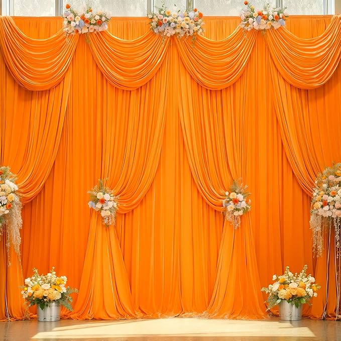 24x10FT Orange Backdrop Curtains for Wedding Parties, Wrinkle Free Polyester Photography Backdrop Drapes for Wedding Baby Shower Birthday Parties Stage Background Stand Decorations 4x10ft,6 Panels