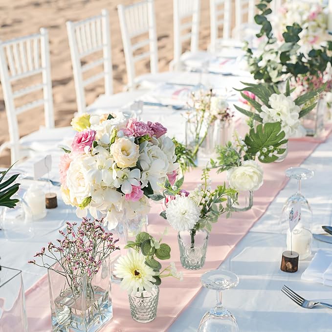 FoldTier 108 Pcs Artificial Flowers in Vase 96 Pcs Faux Greenery Stem Table Centerpiece Fake Plants Silk Roses Arrangement 12 Pcs Glass Vase Sets for Wedding Bathroom Home Dining Decor(Clear)