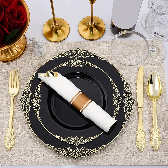 Realluck 350 PCS Black and Gold Plastic Plates, Plastic Dinnerware Set for 50 Guests, 100 Disposable Plates, 150 Silverwares, 50 Cups, 50 Napkins for Party, Wedding, Graduation