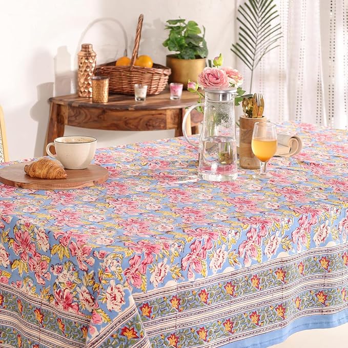 Hand Block Printed Tablecloth, Colorful Floral Print, Indian Artisan Handmade Art, Dining Room, Kitchen, Outdoor Décor, (Sunset Petals, 12 Seater 72 x 135 Inches Rectangle)