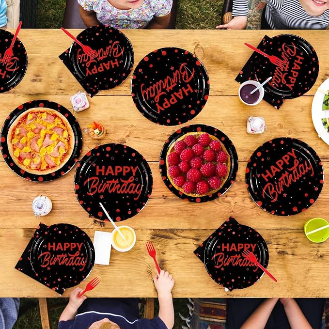 Grencian 96Pcs Red and Black Birthday Party Decorations Red Polka Dots on Black Paper Plates and Napkins Disposable Dessert Tableware for Men Women Birthday Party Decorations 2026 Serves 24