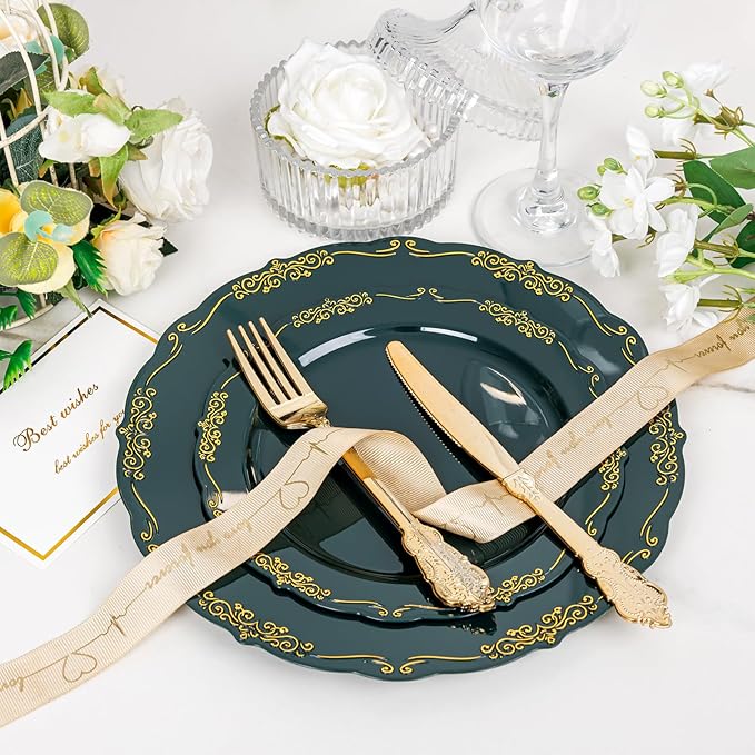 DaYammi 150Pcs Green Plastic Plates with Gold Silverware,Green Disposable Plates for Party include 30 Dinner Plate,30 Dessert Plate,90 Gold Plastic Cutlery,green gold plate for Party Dinner