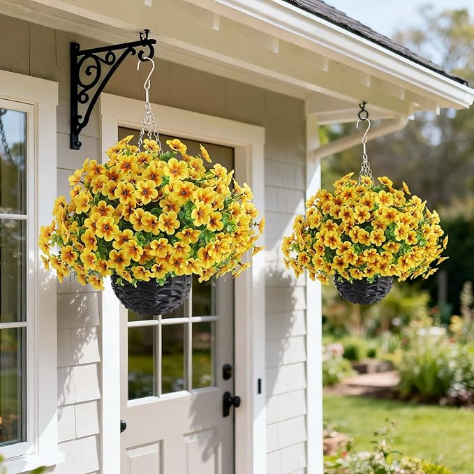 VIERENA 2 Sets Artificial Morning Glory and Eucalyptus Hanging Basket for Outdoor, UV-Resistant Fake Flower Hanging Basket, Suitable for Porch, Aisle, Garden, Patio, Eaves Decor (Yellow)
