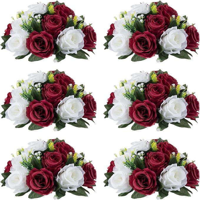 NUPTIO Flower Wedding Centrepieces for Tables - 6 Pcs 9.5in Diameter Burgundy & White Artificial Flowers Rose Ball for Centerpieces Table - Fake Rose Arrangements for Weddings Birthday Party Decor