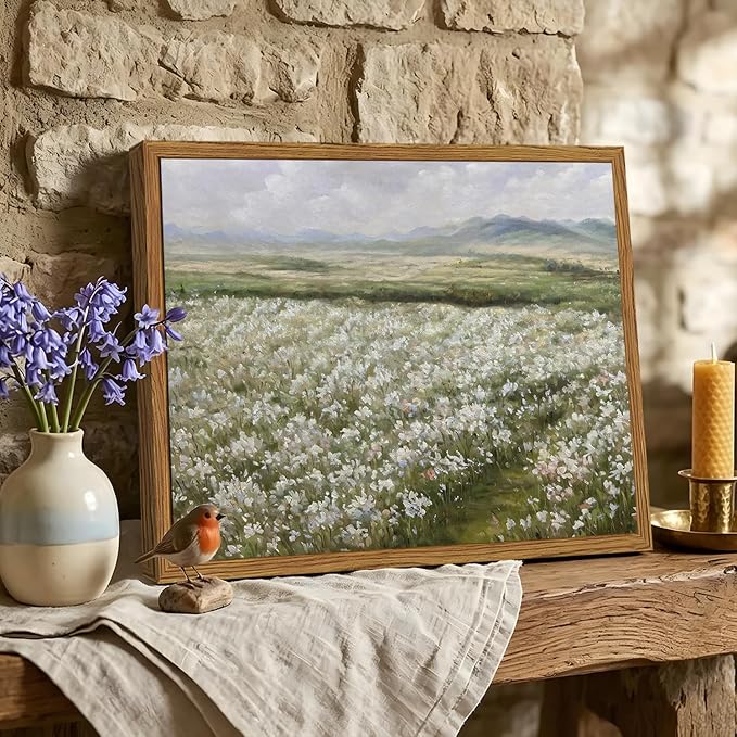Framed Vintage Landscape Wall Art, Country Wildflower Field Pictures Wall Decor, Rustic Nature Flower Paintings Canvas Prints Farmhouse Home Decor for Living Room Bedroom Bathroom 8x10 inch