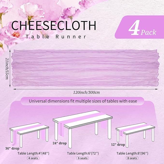 4 Pack Cheesecloth Table Runner 10FT Lilac Purple Table Runner Lavender Boho Gauze Cheese Cloth Table Runners Long Rustic Sheer Table Decorations for Wedding Party Baby Bridal Shower Birthday Holiday