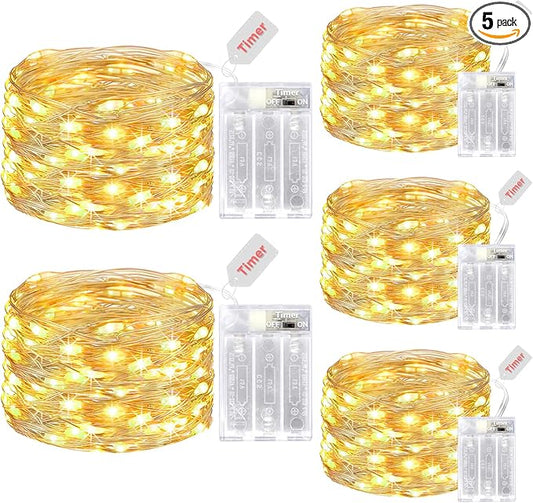 kolpop 5 Pack Fairy Lights Battery Operated with Timer, 16FT 50LED String Lights Warm White, Christmas Mini Lights for Indoor Bedroom Tree Wedding Party Decorations
