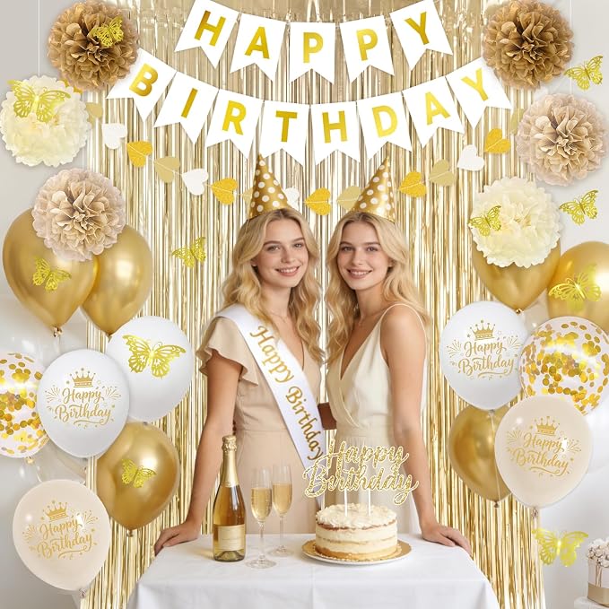 56PCS Champagne Gold Birthday Decorations for Women, White and Gold Birthday Decorations Include Banner Balloons 3D Butterfly Stickers Fringe Curtain Paper Pompoms, Happy Birthday Supplies for Girls