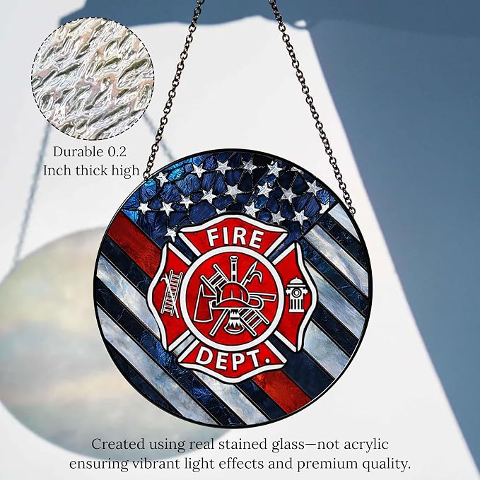 Firefighter Stained Glass Suncatcher 6x6'', Fire Academy Graduation Gift, Fire Department Decor, Firefighter Retirement Gifts, Firefighting Gifts for Men, Memorabilia Keepsake