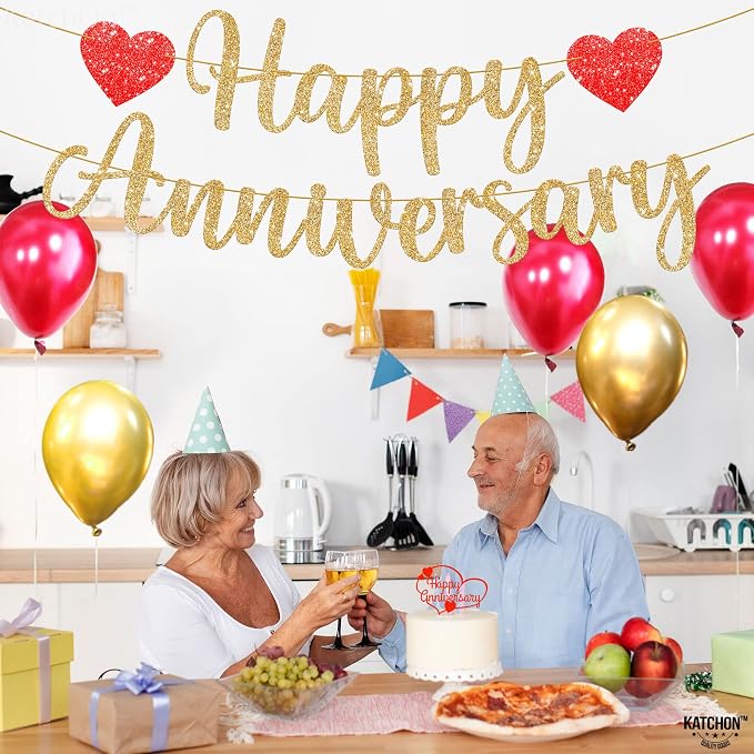 KatchOn, Rose Gold Happy Anniversary Balloons Letters - 16 Inch | Happy Anniversary Banner for Happy Anniversary Decorations | 000 Pcs Artificial Red Rose Petals - Silk, Fake Rose Petals for Romantic
