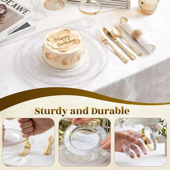 175pcs Plastic Dinnerware Set Clear 25 Guests for Wedding | Fancy Beaded Plastic Plates Include 50 Elegant Plastic Plates,25 Cups and 25 Pre Rolled Napkins with Cutlery Set